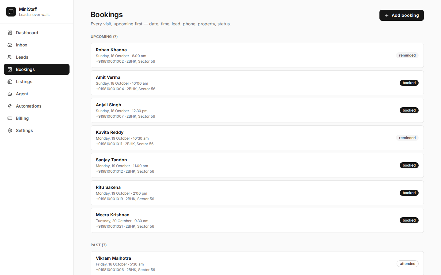 MiniStaff bookings with date, time, lead, property and status